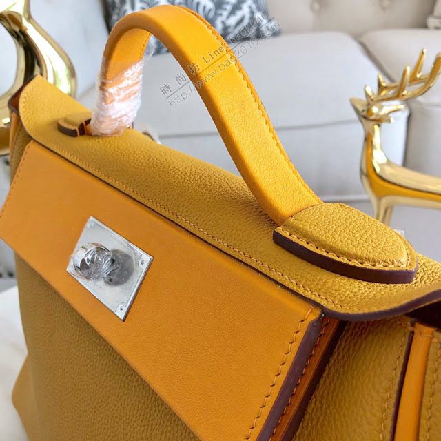 Hermes包包 愛馬仕Hermes Kelly2424 琥珀黃 銀扣 togo小牛皮 半手工制 Hermes休閒女款手提包  am1930